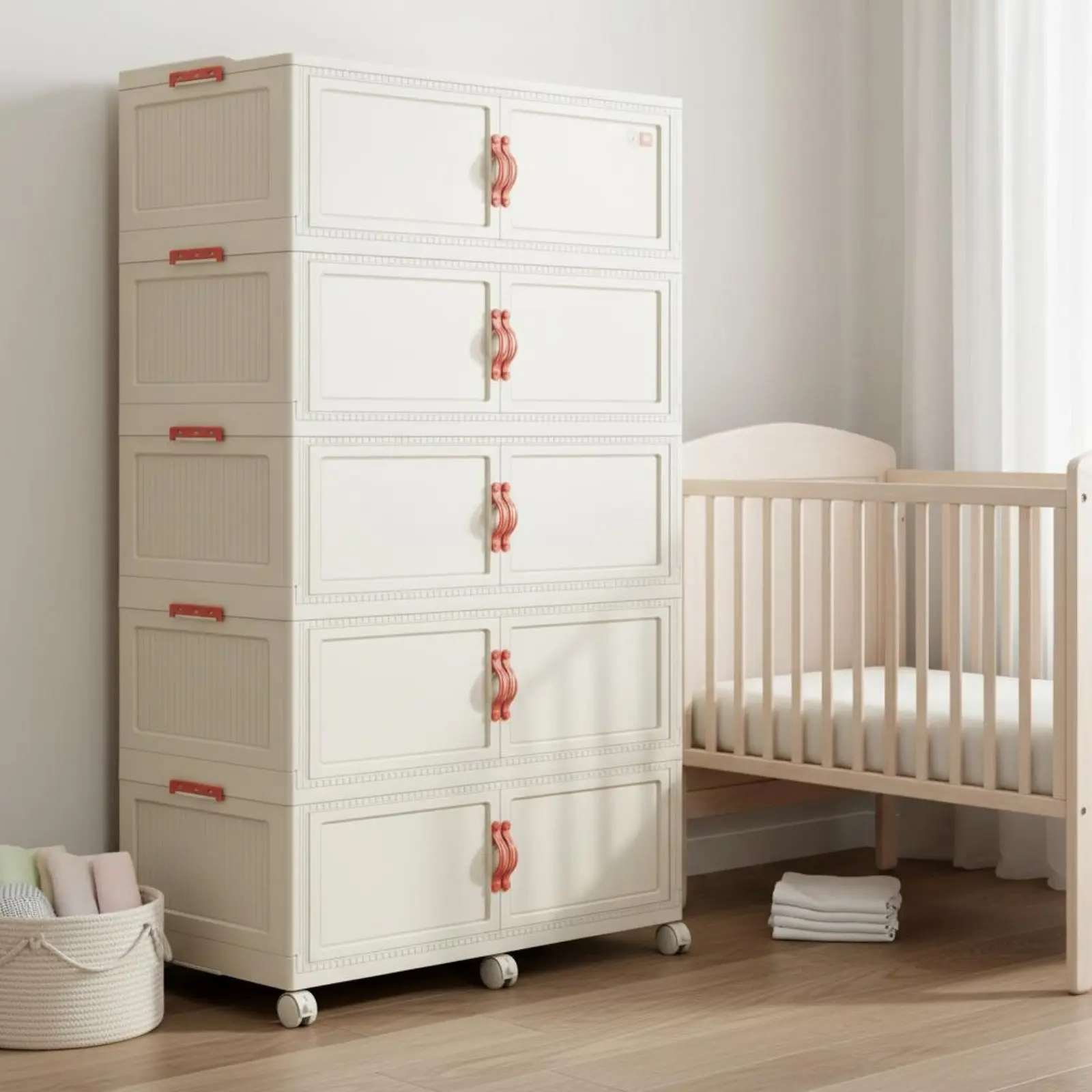 

Plastic Wardrobe on Wheels Large Capacity Stackable Organizer with Doors Foldable Storage Cabinet Sturdy Duty for Living Room