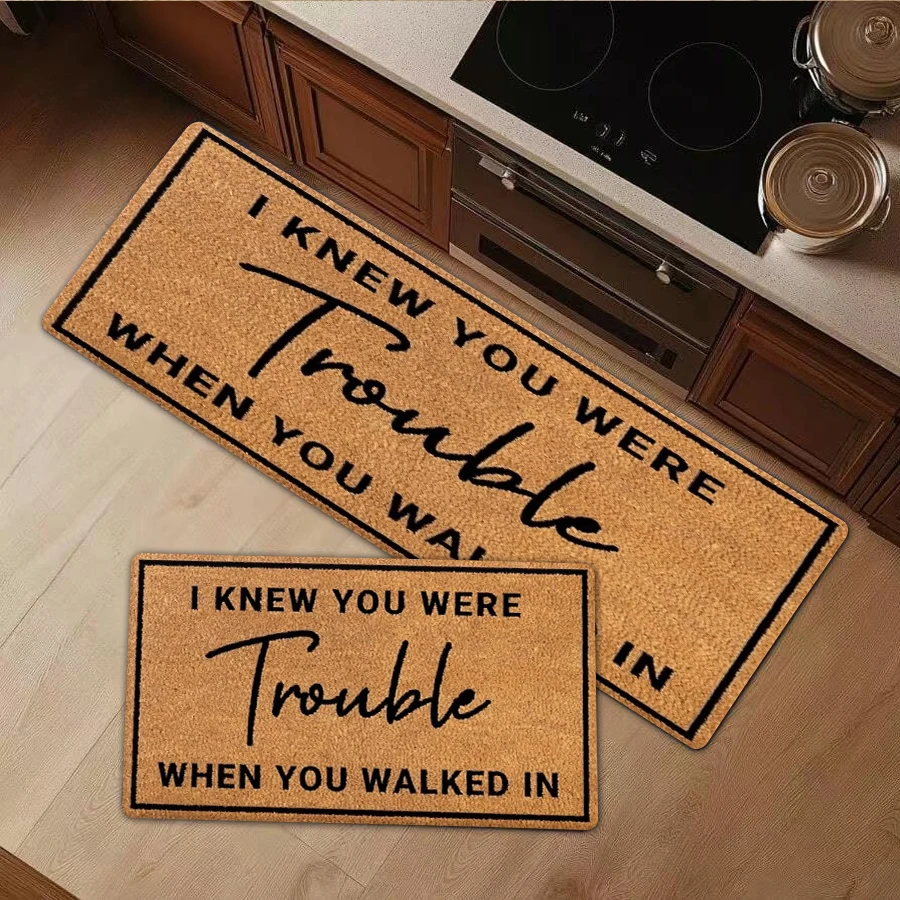 Alfombra de cocina de franela de 1/2/3 piezas — Alfombra divertida para la puerta con la frase «I Knew You Were Trouble When You Walked In», alfombra de bienvenida antideslizante de franela para interiores/exteriores, alfombra para el hogar, porche, patio, entrada, decoración — Cómoda, adecuada para baño, dormitorio, cocina