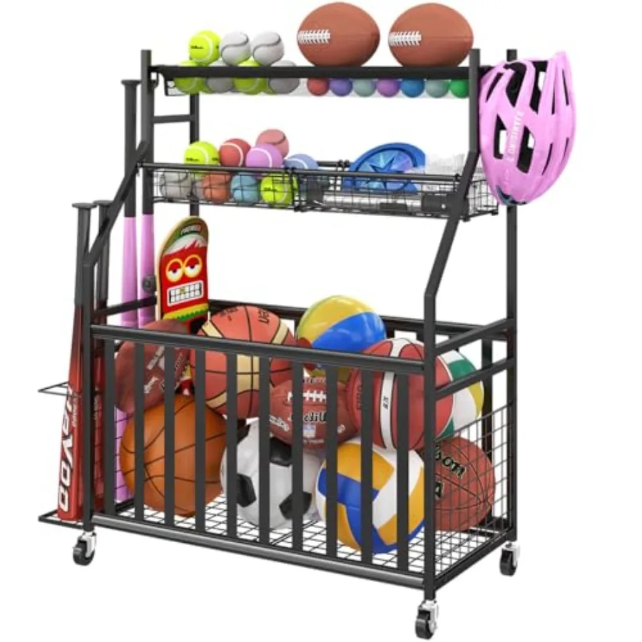 

Garage Sports Equipment Organizer with Wheels Black Ball Storage Basket Baseball Bat Rack and Hooks Rolling Toy Storage Cart
