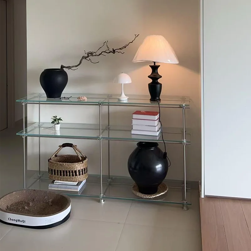 Glass rack Modern simple floor-to-ceiling multi-layer stainless steel bookshelf display rack Household sundries storage