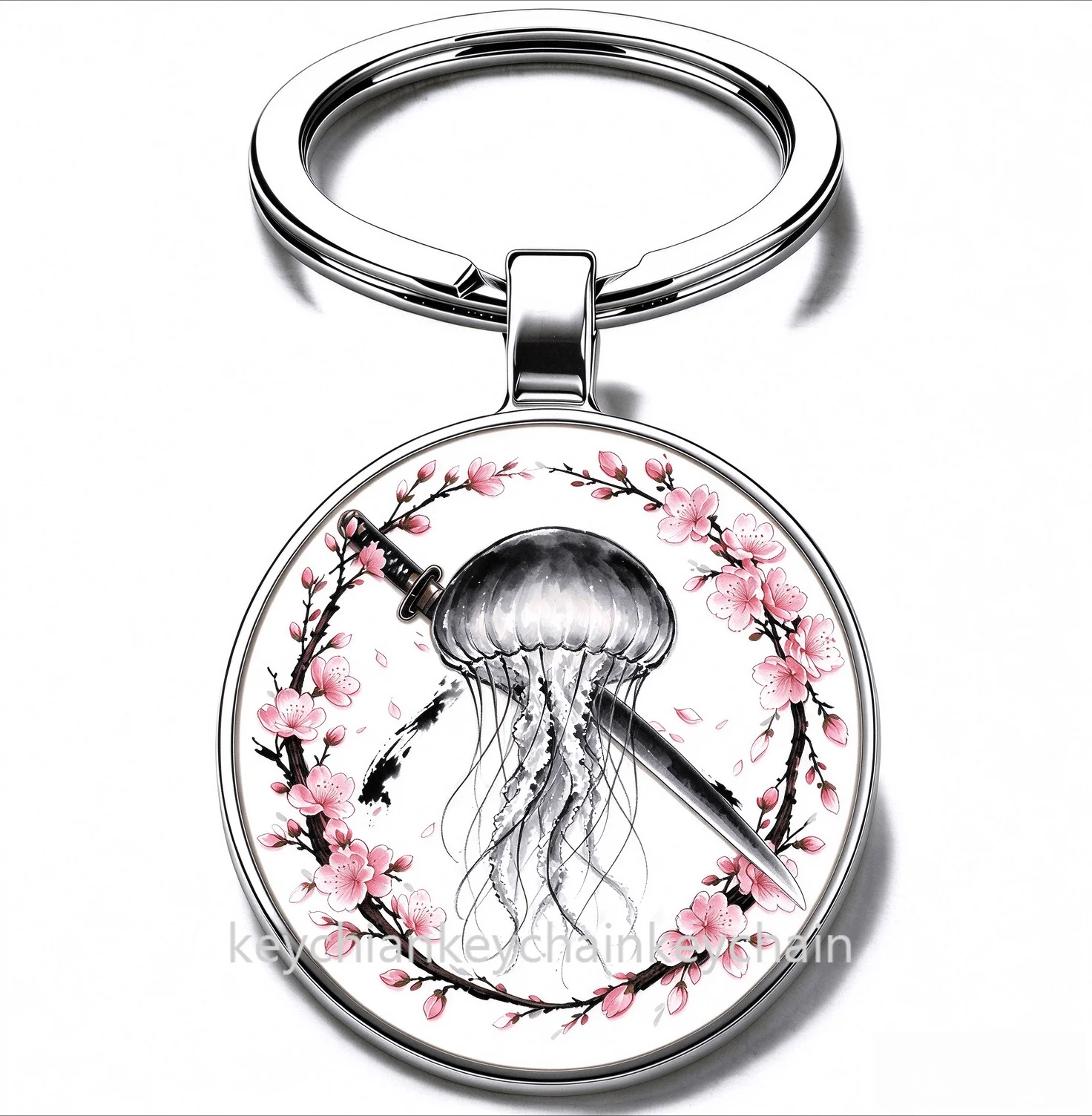 Japanese Jellyfish Cherry Blossom Katana Keychain Samurai Sword Sakura Wreath Key Ring Car Bag Pendant Men Gift