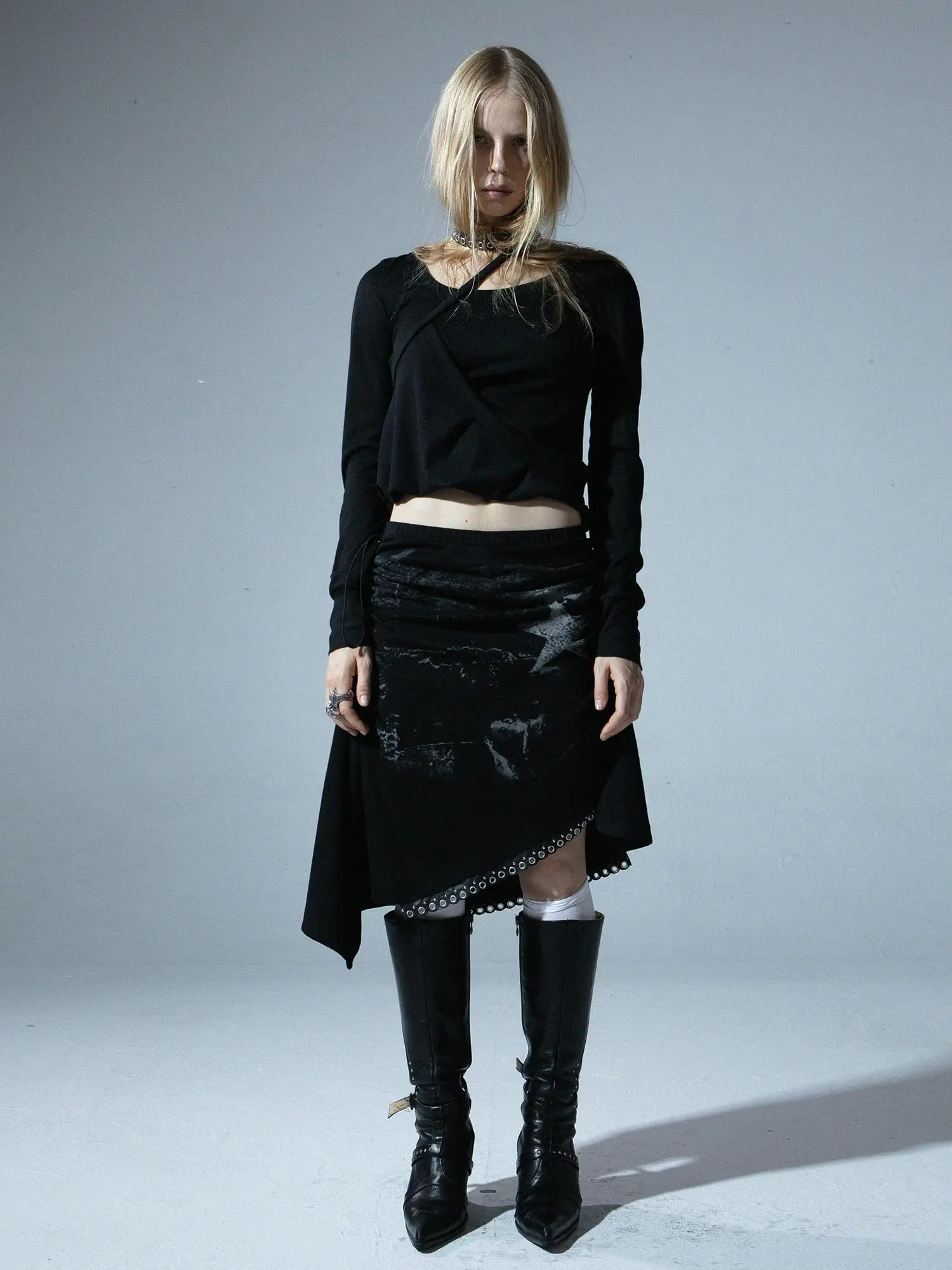 DoublePunch Original Punk Print Low Waist Irregular Half Skirt Adjustable Chinese Style Cotton Polyester Blend Daily Casual S...