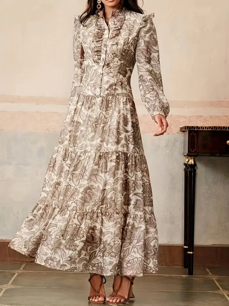 Spring Autumn Fashion Print Retro Party Dresses Women Sexy Single Breasted Lapel Shirt Dress Casual Long Sleeve Boho Dress