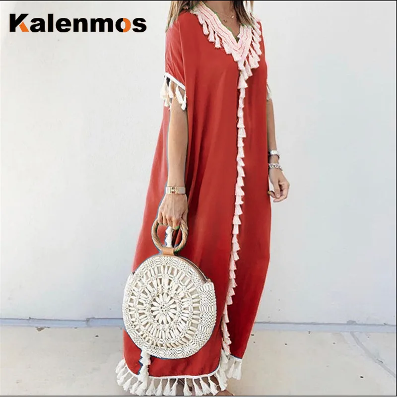 Dubai Turkey Muslim Caftan Abaya Dress Women Boho Summer Tassel Moroccan Kaftan Sundress Islamic Clothing Casual Loose Musulman