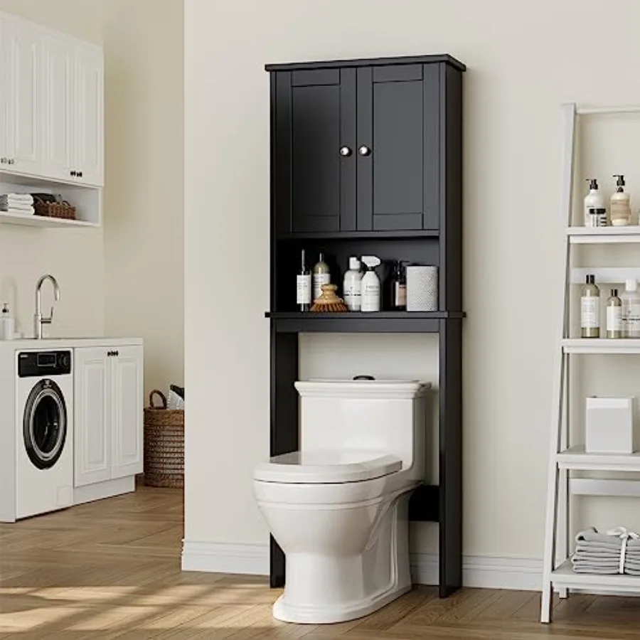 

Over The Toilet Storage Cabinet for Bathroom Black with Doors and Adjustable Shelf Space Saver Freestanding Storage Organizer B