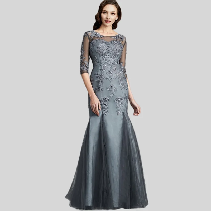 Gray Mother Of The Bride Dresses Mermaid Half Sleeves Tulle Appliques Beaded Plus Size Long Groom Mother Dresses For Wedding