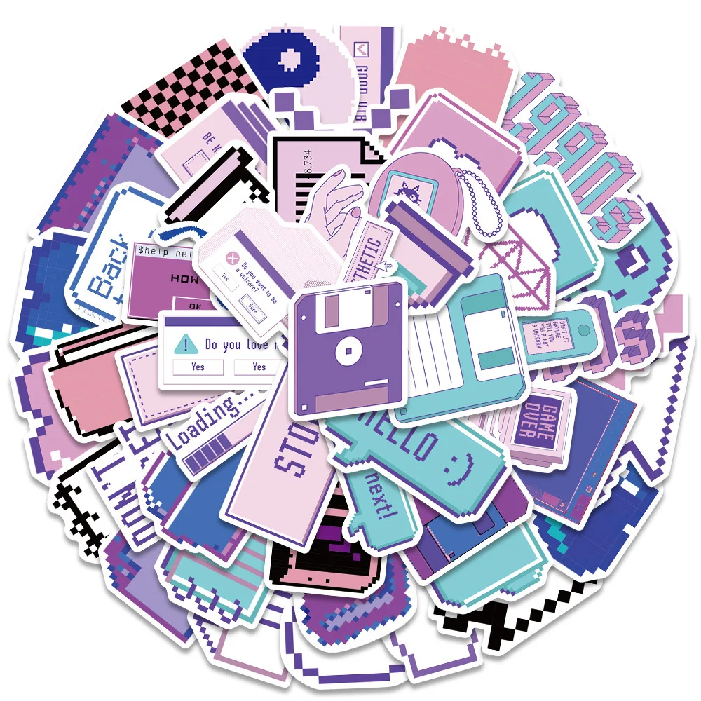 

10/30/53pcs Cute Ins Style Cartoon Purple Pixel Stickers Creative Graffiti Sticker DIY Water Bottle Laptop Phone Decal Wholesale