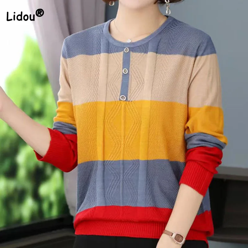 Fashion Contrast Color Striped Knitted Tops Women\'s Clothing Autumn Winter Casual Lady Button Spliced Round Neck Vintage Sweater