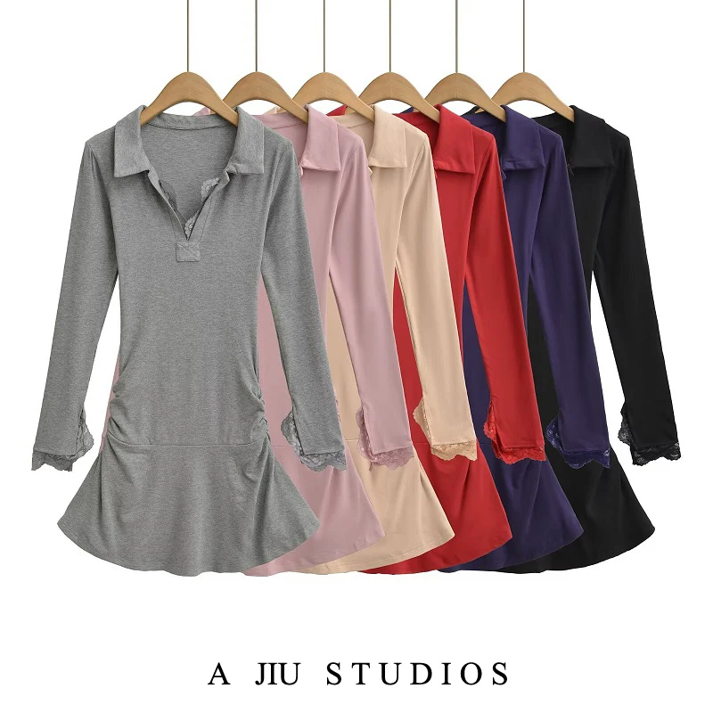 

Pure Desire Sle Long Sve Lace Insertion Dr Women's Autumn Pleated Waist Cinched Slimming ort Skirt Sexy Girl Dr