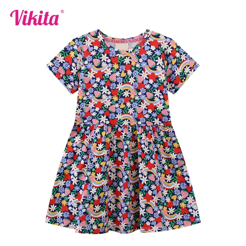 VIKITA Girls Summer Dress Floral Strawberry Rainbow Heart Cartoon Short Sleeve Round Neck Straight Cotton Casual School Dresses