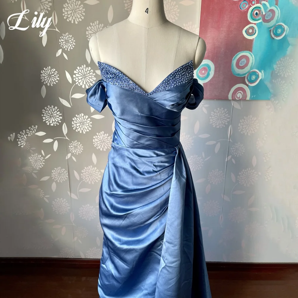 Vestido de fiesta Sexy Lily azul y gris con hombros descubiertos, vestido de noche de satén con cuentas para mujer, vestido de fiesta de noche sin