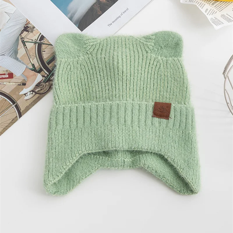 New Women Candy Colors Earflap Beanie Fashion Faux Fur Knitted Hat Lovely With Ear Soft Beanie Hats Female Streetwear Cap