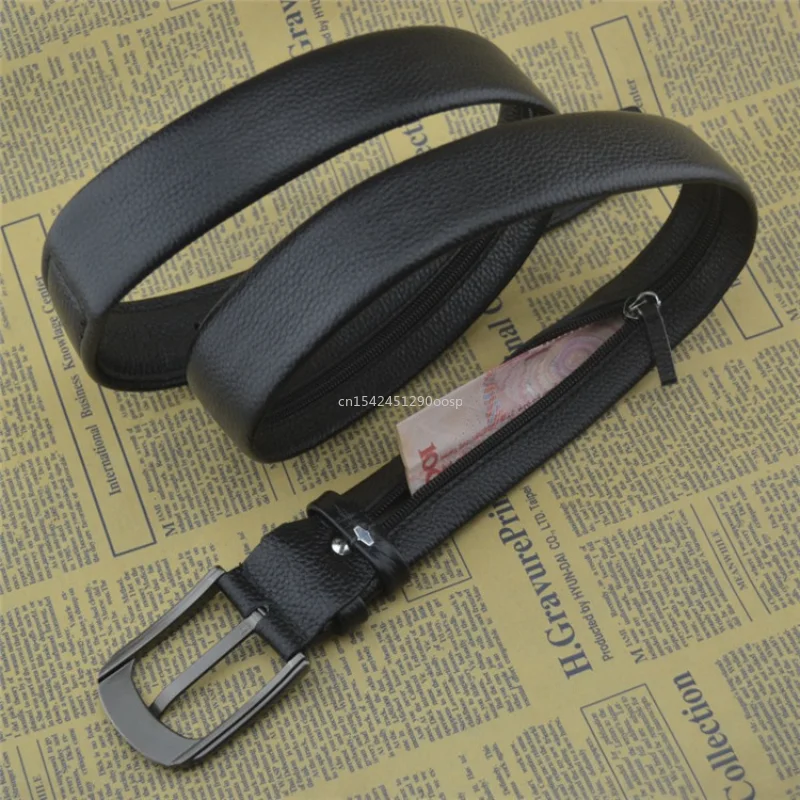 130cm Zipper Belt Can Put Money First Layer Cowhide Belt Men's High-grade Leather Pin Buckle Belt Hidden Pocket