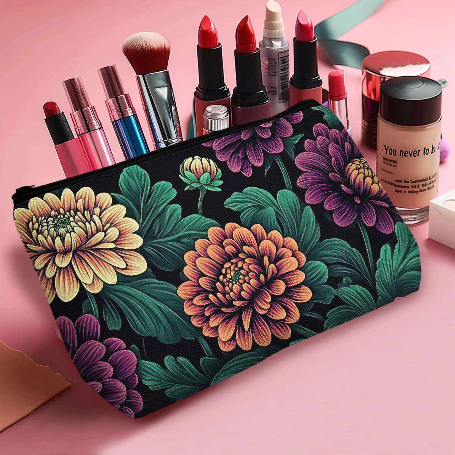 1Pc Vintage Floral Cosmetic Bag Country Style Plant Flower Theme Black Background Cosmetic Bag With Zipper 8.66X5.51Inch