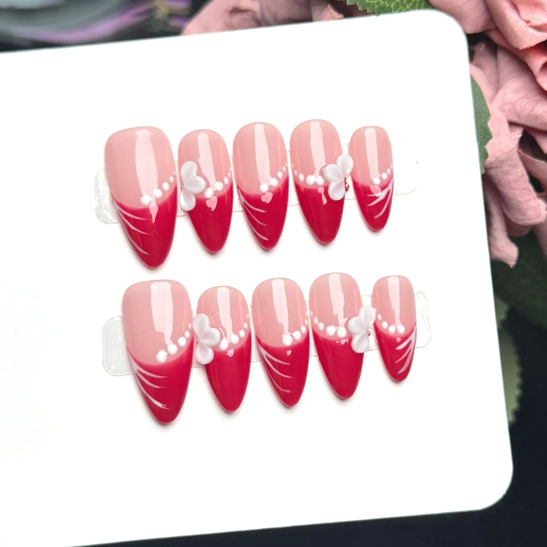 10pcs Handmade Almond Press On Nails Rose Red French 3D Carving Flower Design Sweet Cute Fake Nails Wearable Nails Art Tip Girls