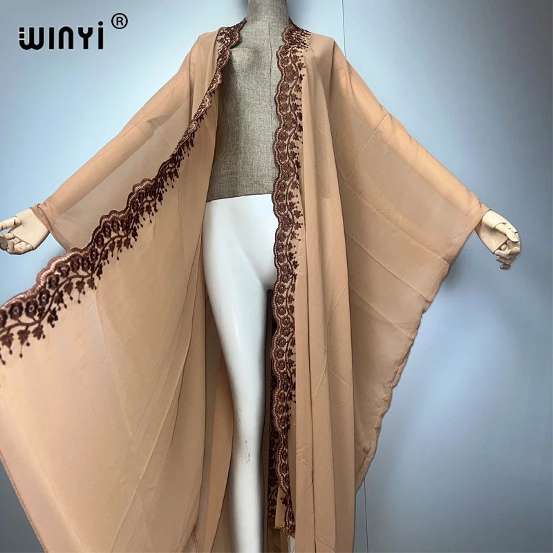 WINYI boho kimono Chiffon embroidery Cardigan sexy  evening dress abaya dubai luxury cover-ups beach outfits women party dress