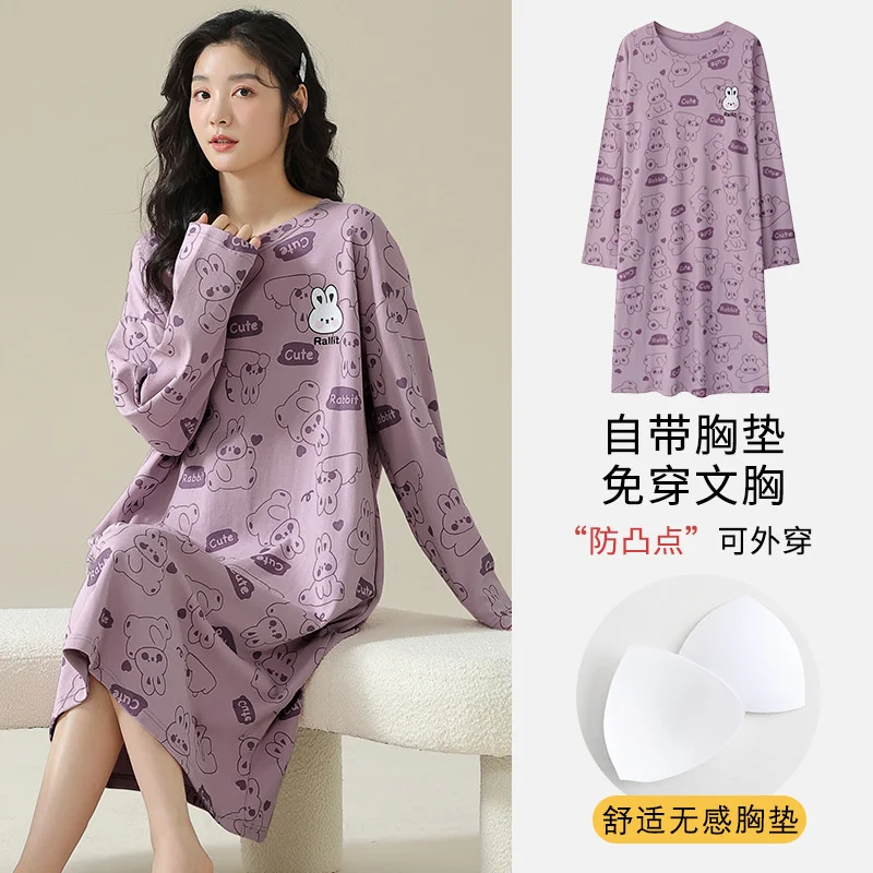 Robe de nuit en coton à manches longues pour femmes, chemise de nuit de dessin animé, lingerie imprimée lapin mignon, automne, hiver