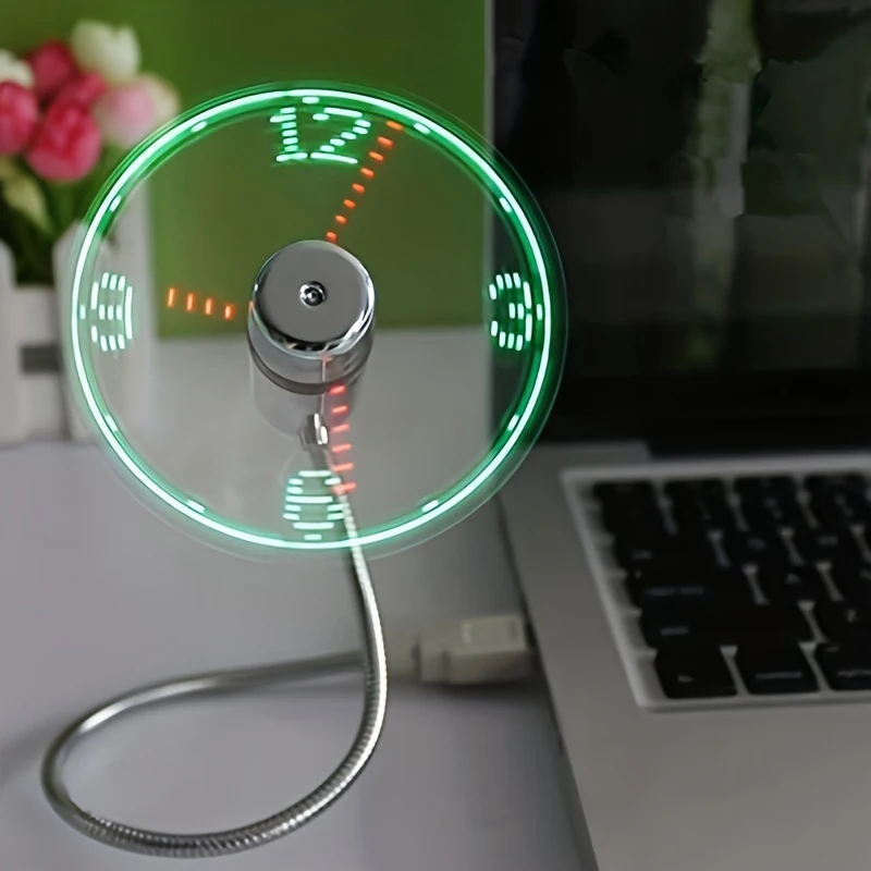 LED Clock Fan Time Temperature Display Mini Cooling Flashing Fan USB Powered Flexible Gooseneck LED Clock for Laptop PC Notebook