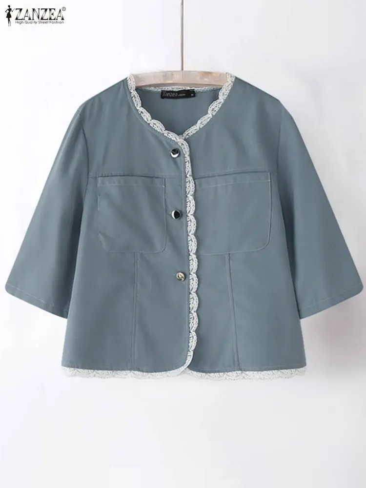 

ZANZEA Women Cardigan Fashion 3/4 Sleeve Elegant Lace Patchwork Coats 2025 Solid Color Casual Loose Flare Sleeve Jackets