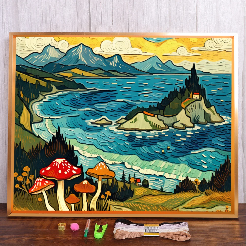 Coastline Scenery Printed Canvas Cross Stitch Complete Kit DIY Embroidery Knitting Handicraft Craft Hobby Needle Magic Stamped