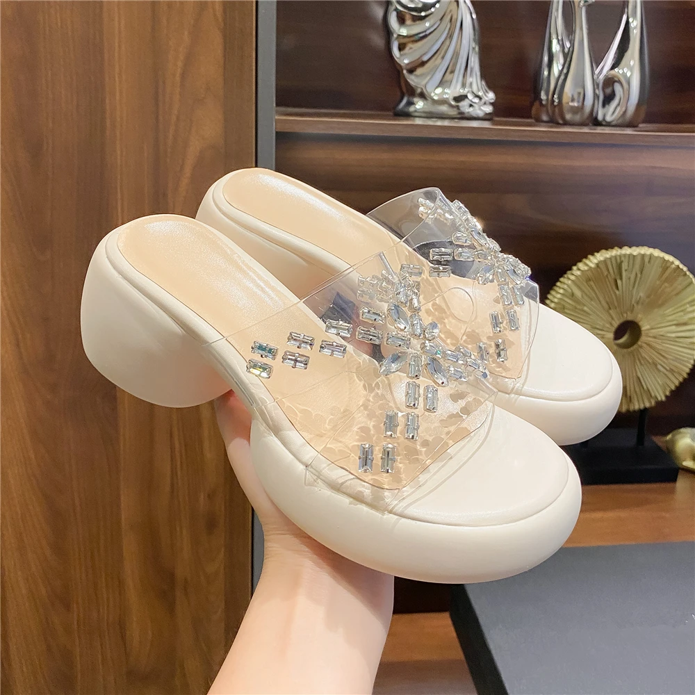 MILI-MIYA New Arrival Women Crystal Pvc Sandals Slip On Round Toe Platform Thick Heels Big Size 34-40 Dress Party Summer Shoes