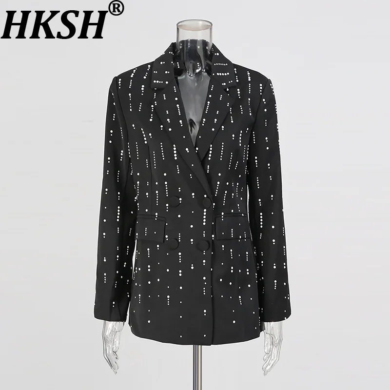 

HKSH Autumn New Women Blazer Double Breasted Notched Heavy Craft Beaded Pockets High-End Temperament Stylish Casual Coat HK11096