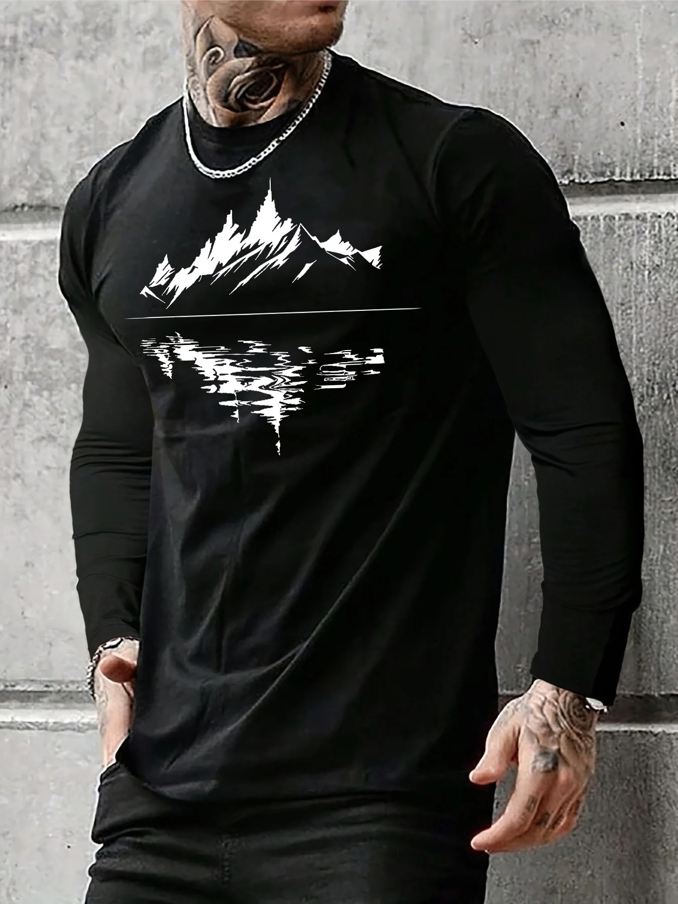 Men's 100% pure cotton loose and comfortable casual sports mountain reflection pattern printed round neck long sleeved T-shirt