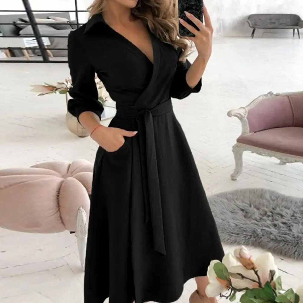 

Party Midi Dress Elegant A-line V Neck Midi Dress with Belted Waist Pockets for Fall Spring Parties Women Long-sleeved Dress