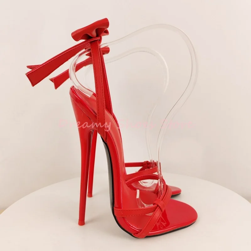 

Pink Butterfly-Knot Strap Super High Heel Sandals Women Leather Open Toe Slip On Stiletto Pumps Sweet Fashion Party Shoe 14/16cm