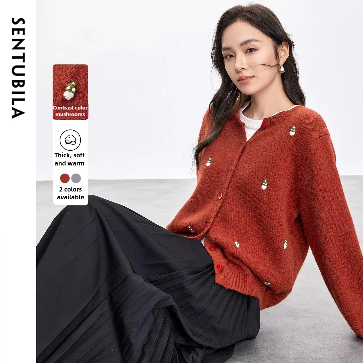 

SENTUBILA Women's Cardigan Sweater 2025 Autumn Winter Embroidery Dropped Shoulder Tops Loose Fit Warm Knitted Jacket W44E80015