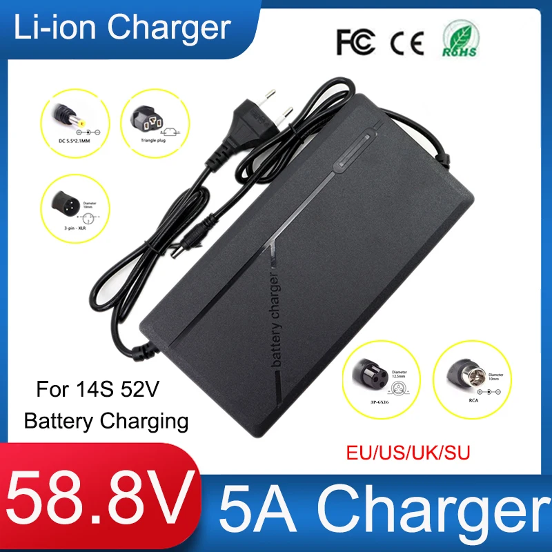 58.8V 5A Lithium Battery Charger 100-240V With Fan For 14S 52V Electrictwo wheelers Motorbike Li-ion Cells Fast &Safe Charging