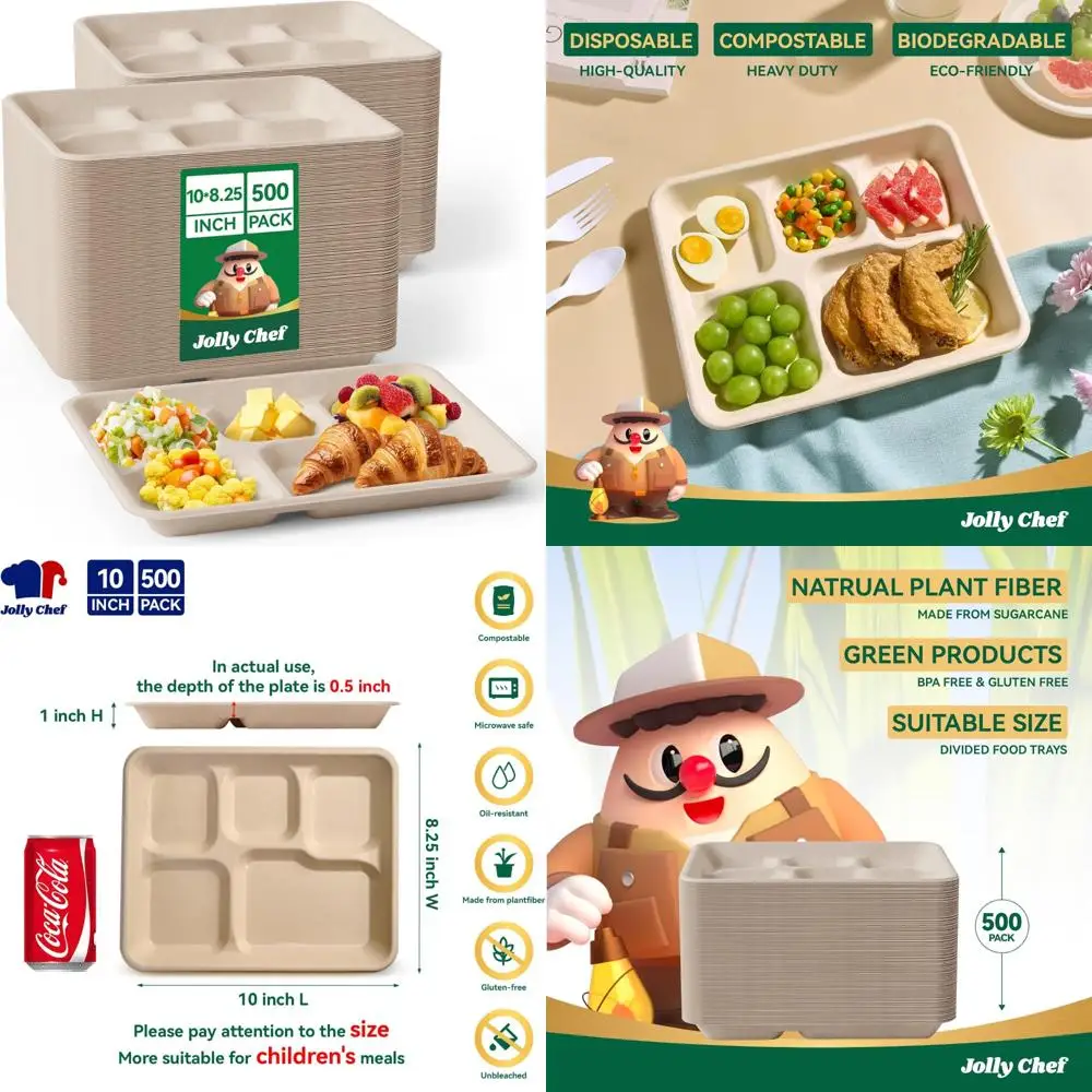 

Eco-Friendly Heavy-Duty Compostable Divided Paper Plates, 10 Pack, 8.25 Diameter, 1 Depth