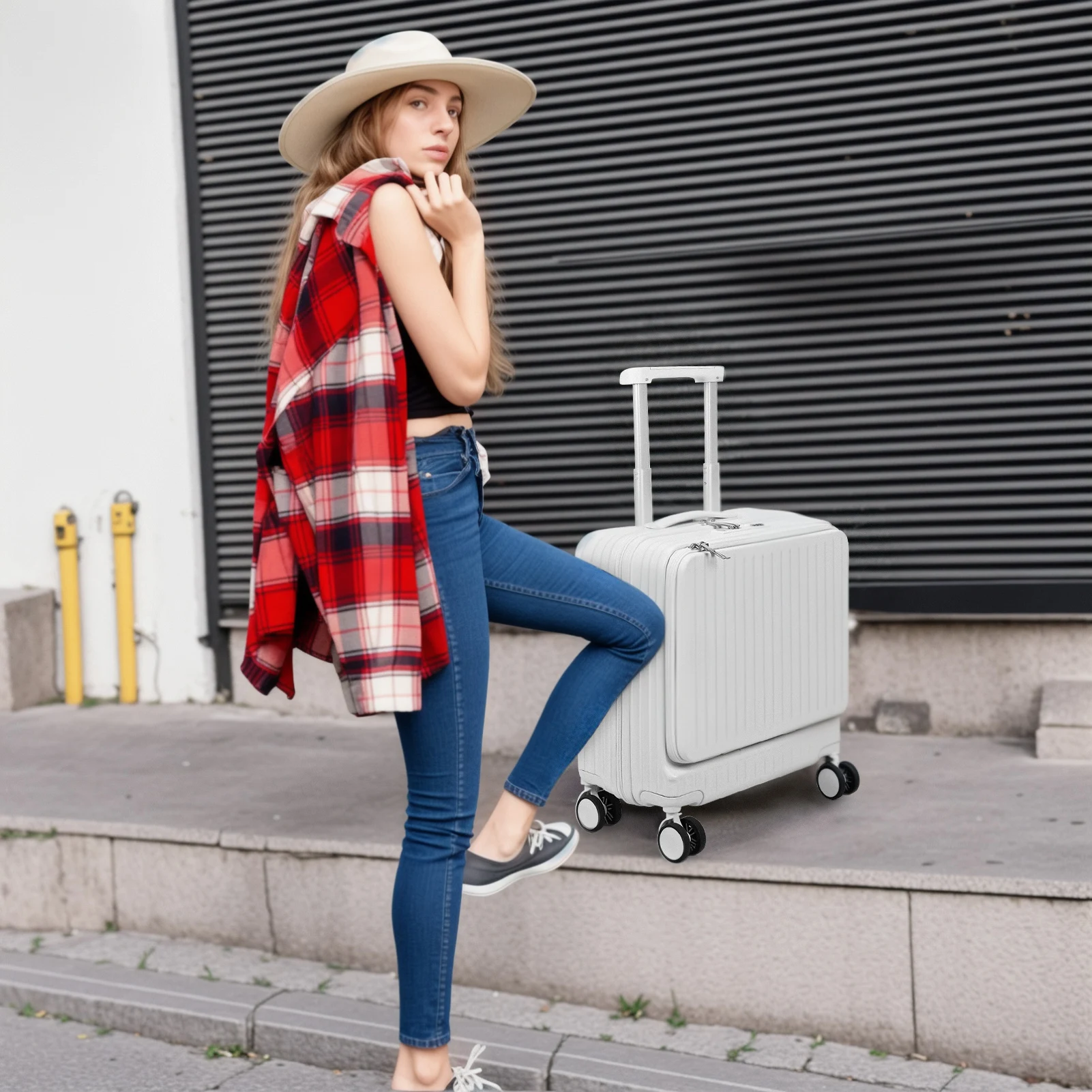 Hardside Mala com Suporte de Copo e Porta USB, Hard Shell Spinner Roda Bagagem, Abertura Frontal Carry on, 18"