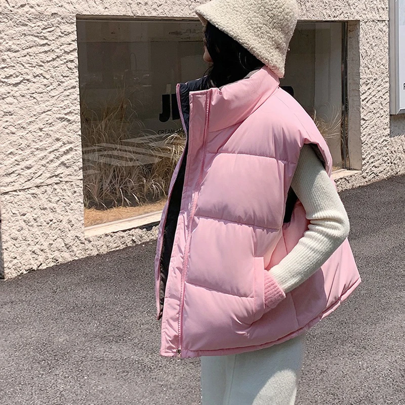 Fashion Double Sided Women's Cotton Vest Autumn Winter Stand Collar Thick Sleeveless Jacket Solid Color Loose Warm Waistcoat