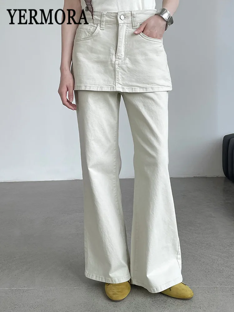 

YERMORA Новые модные джинсовые брюки-клеш с высокой талией, имитация двухслойности, цвет абрикосовый, для женщин, свободного кроя, весна-осень 2026