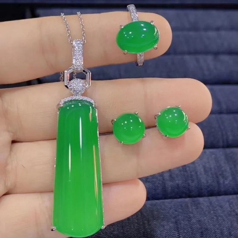 Silver-plated pendant with high-quality ice green jade agate earrings ring, three-piece jewelry set
