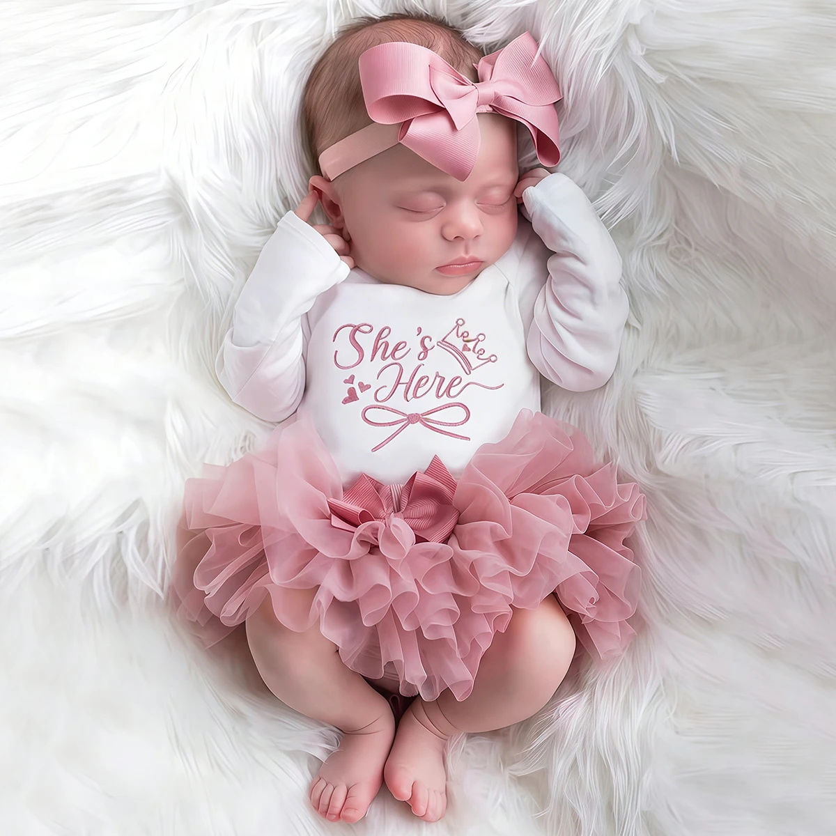 Nouveau-né Fille : Ensemble Brodé à Manches Longues, Jupe Tutu en Tulle Rose Superposé et Bandeau – Idéal pour la Douche de Bébé et la Photographie