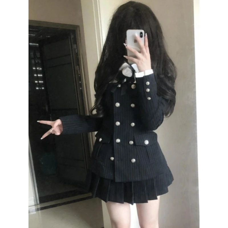 Japanese Korean College Style Lapel Button Decoration Suit Waist Cinched Shirt Fashion Pleated Mini Skirt Jk Uniform 3-piece Set
