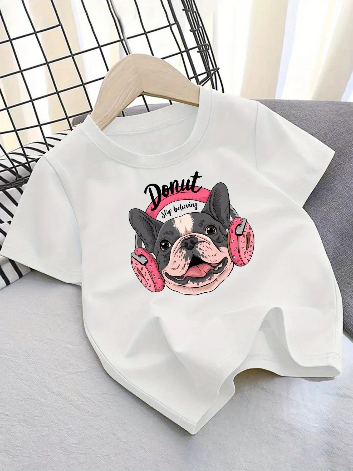 Cool Boston Terrier Wearing Sprinkled Donut Headphones Letter Pattern Printed Short Sleeve T Shirt Trendy Casual Outfit For Boys