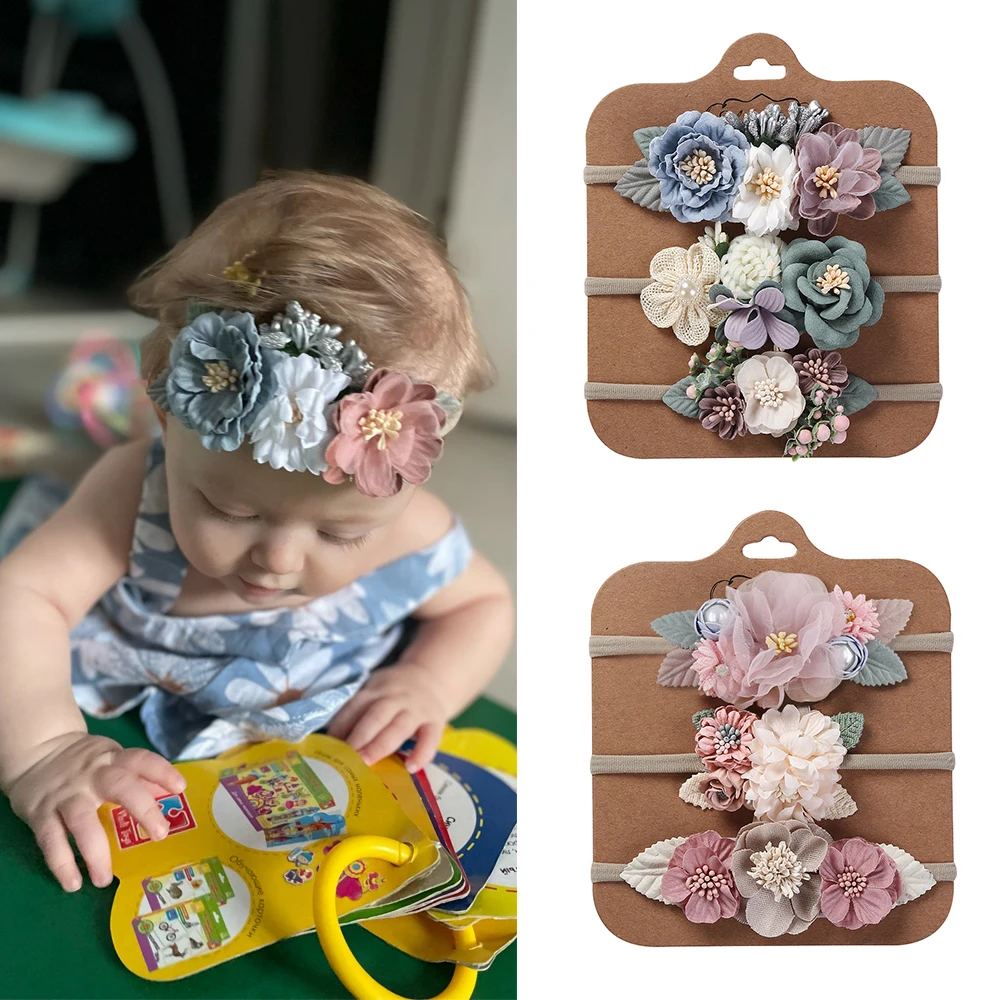 3Pcs/Set Fake Flower Baby Headbands Vintage Artificial Floral Elastic Nylon Hair Bands Toddler Party Hair Accessories for Girls