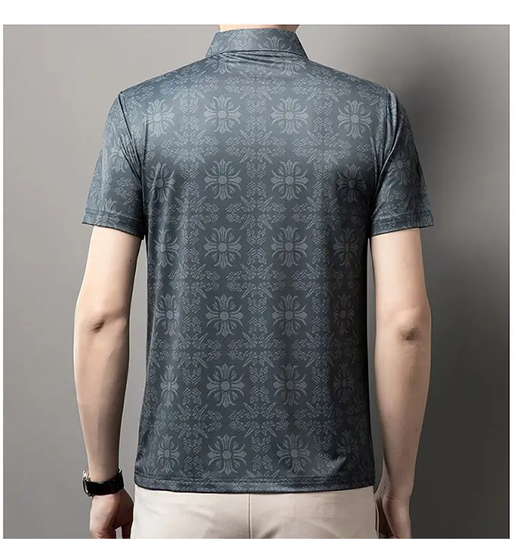 Trendy Geometric Printing Contrast Color Summer Men\'s Clothing Pullover Short Sleeve Turn-down Collar Button Formal Casual Tops