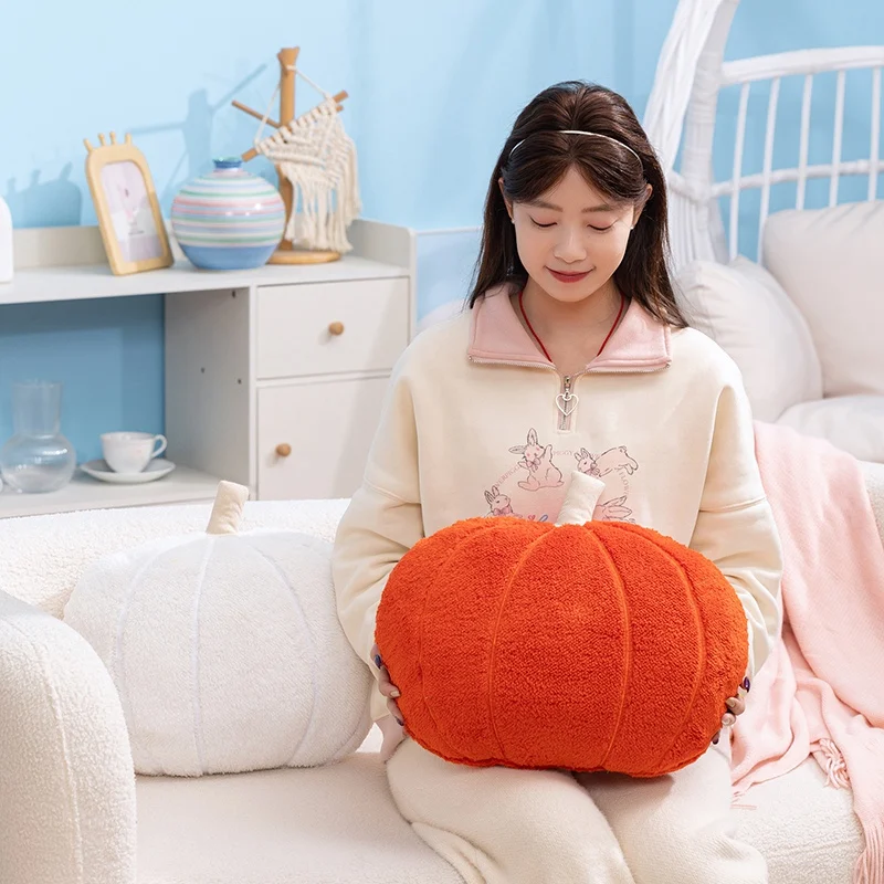 Soft Sherpa Pumpkin Plush Throw Pillow, Solid Color Round Squash Cushion for Sofa Bed Home Halloween Decor Gifts. view 5