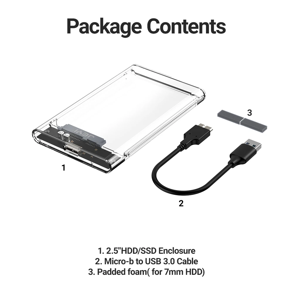JEYI Custodia per HDD esterna da 2,5'' senza attrezzi - USB 3.0 a SATA III, raffreddamento trasparente, compatibile con HDD/SSD SATA da 7 mm/9,5 mm