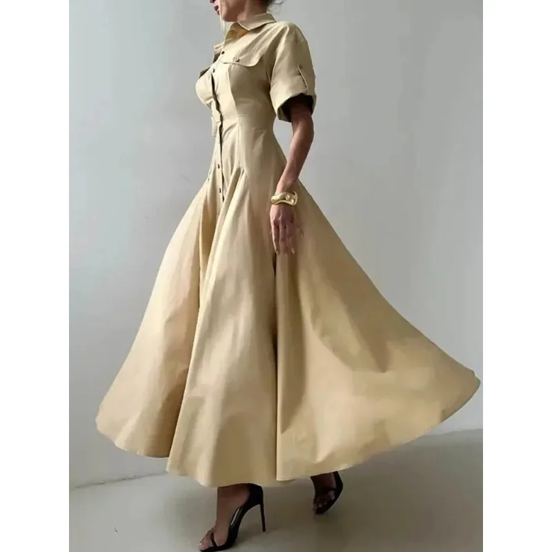 Effen Kleur Shirt Zomerjurk Vrouwen 2026 A-lijn Tlapel Half Mouw Single Breasted Casual Basic Elegante Jurken 181905