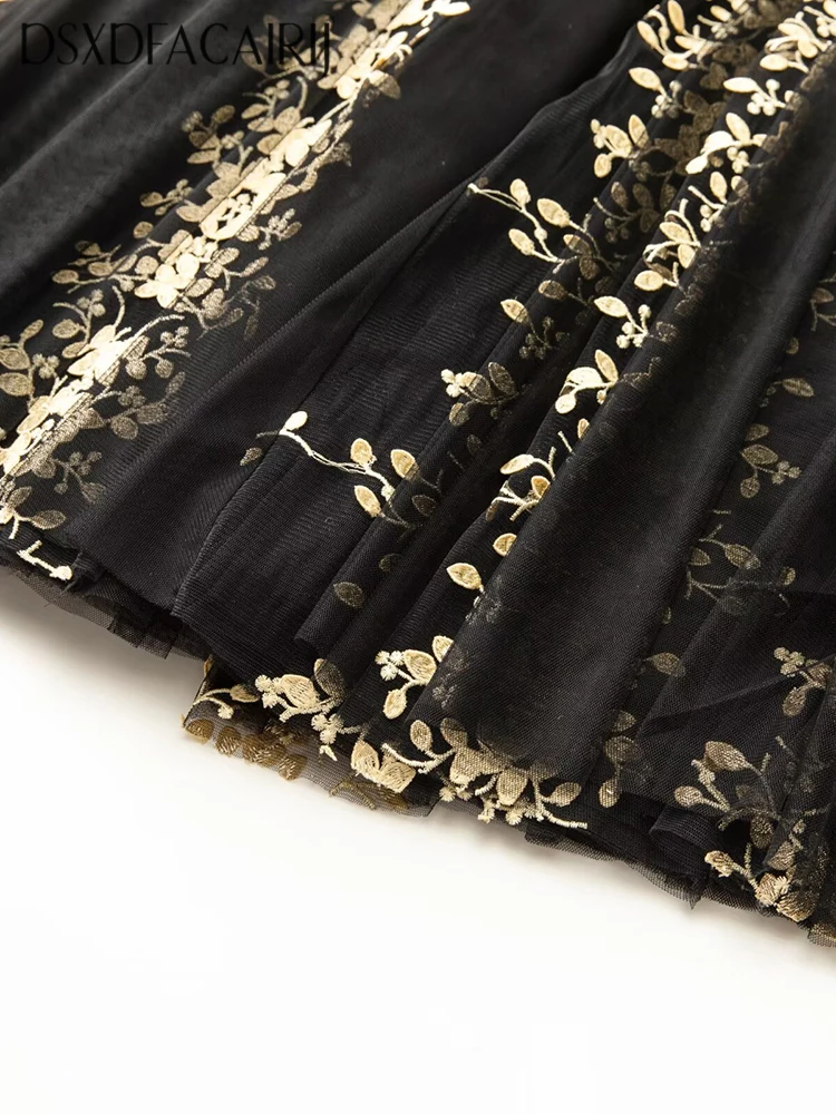 DSXDFACAIRIJ فستان ماكسي شبكي مطرز بالزهور للنساء بياقة واقفة وأكمام واسعة وكشكشة فساتين عتيقة موضة الخريف للسيدات