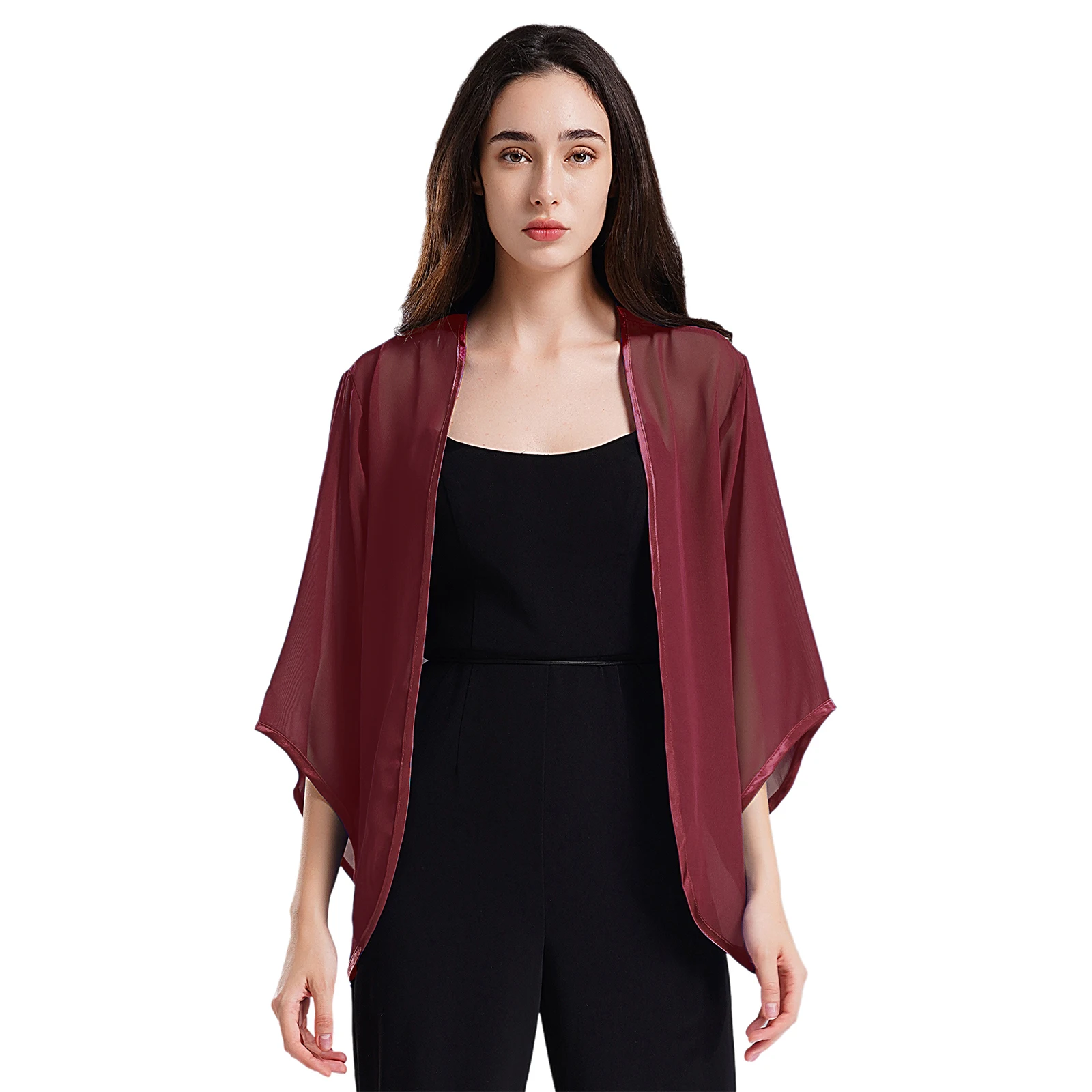 Sheer Chiffon Cardigan Shawl for Womens Korean Elegant Casual Loose 3/4 Sleeve Open Front Shrug Wraps Cover-Ups Beachwear Shirt