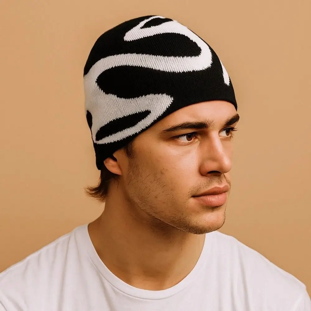 

Personality Elastic Y2K Knitted Hat Streetwear Halloween Black White Pullover Cap Dome Hip-hop Brimless Beanie Cap Warmer