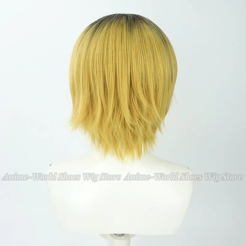 Peruki syntetyczne Kenma Kozume Cosplay Haikyu Kenma Kozume 30cm Męska Krótka Czarna Gradientowa Blond Peruka Odporna na Ciepło