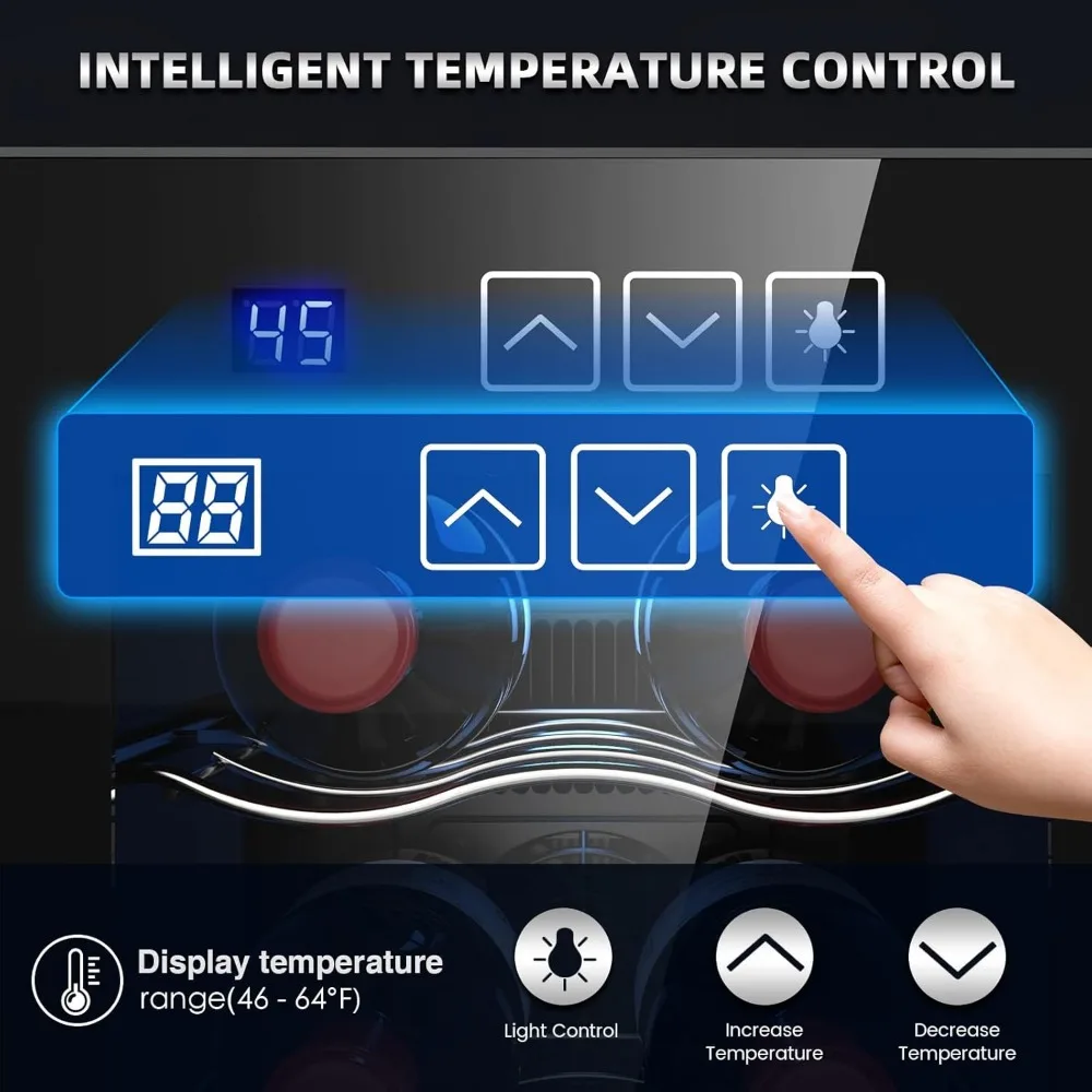 Chłodziarka do wina na 6 butelek, wolnostojąca mała lodówka na wino o pojemności 46-66 ℉   Termelektryczna chłodziarka do wina z cyfrową regulacją temperatury