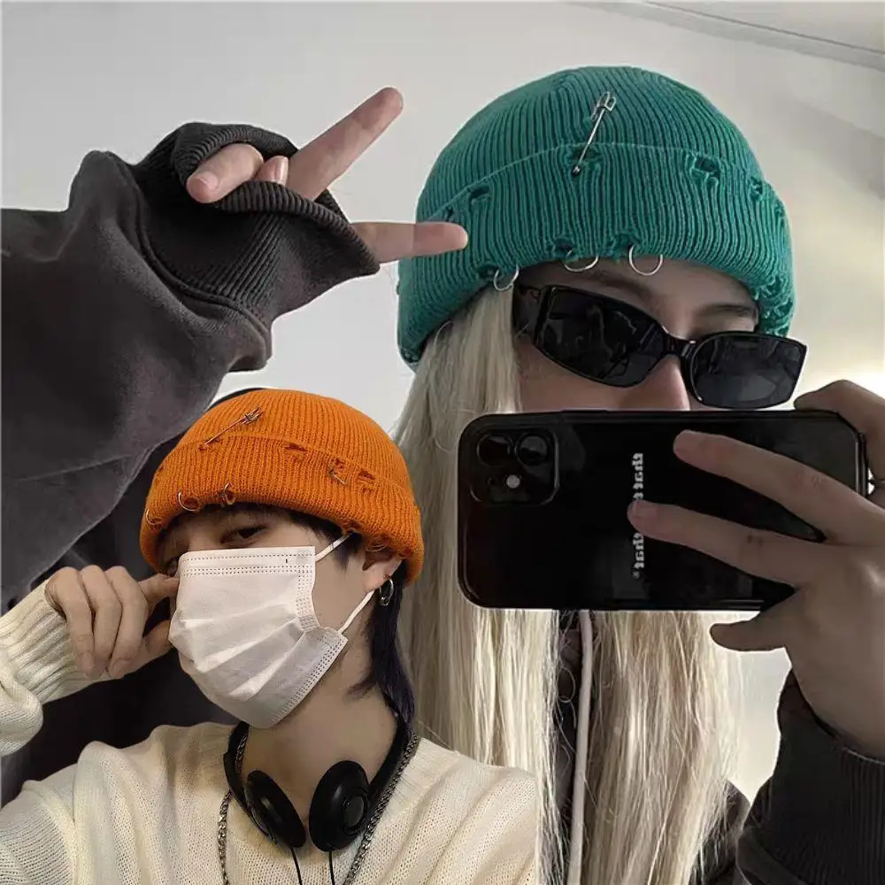 

Metal Pin Ring Brimless Hat Autumn Winter Retro Knitted Hat Women's Versatile Street Trend Hip Hop Hat Outdoor Warm Hat Beanies